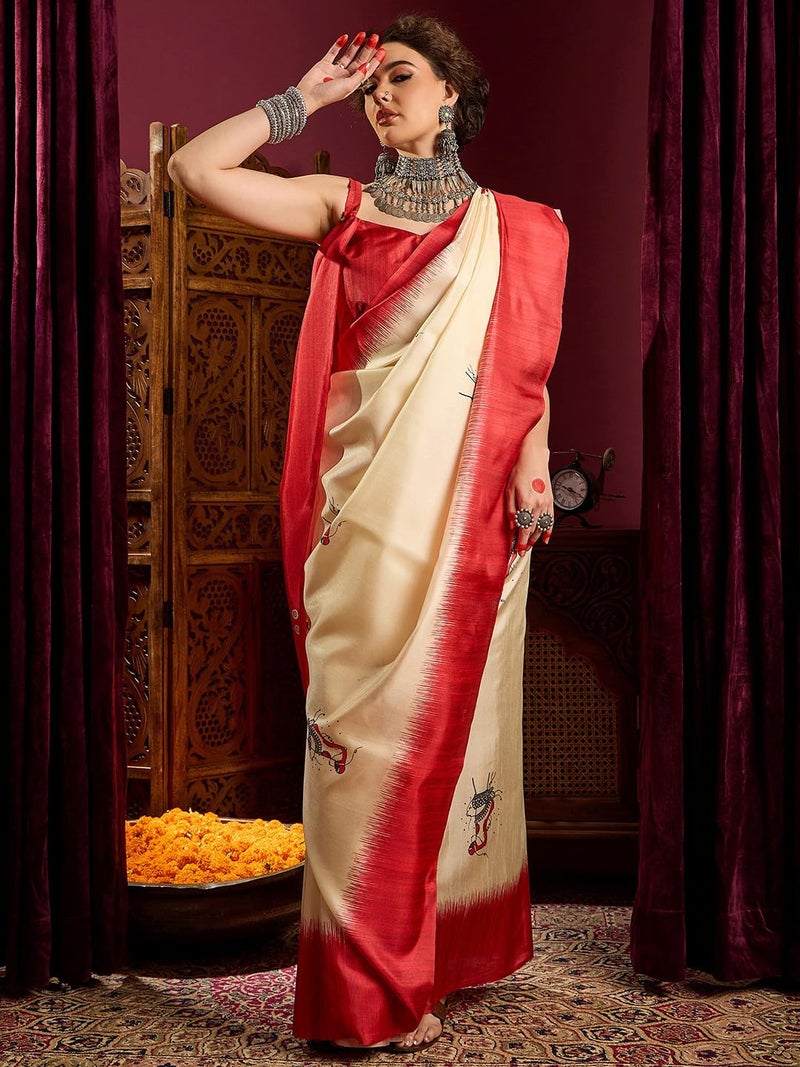 SAREE MALL Women's Off White Silk Blend Ethnic Motif Printed Saree With Unstitched Blouse (DURGA2404_HS) - Image 5