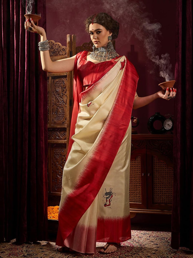 SAREE MALL Women's Off White Silk Blend Ethnic Motif Printed Saree With Unstitched Blouse (DURGA2404_HS) - Image 3