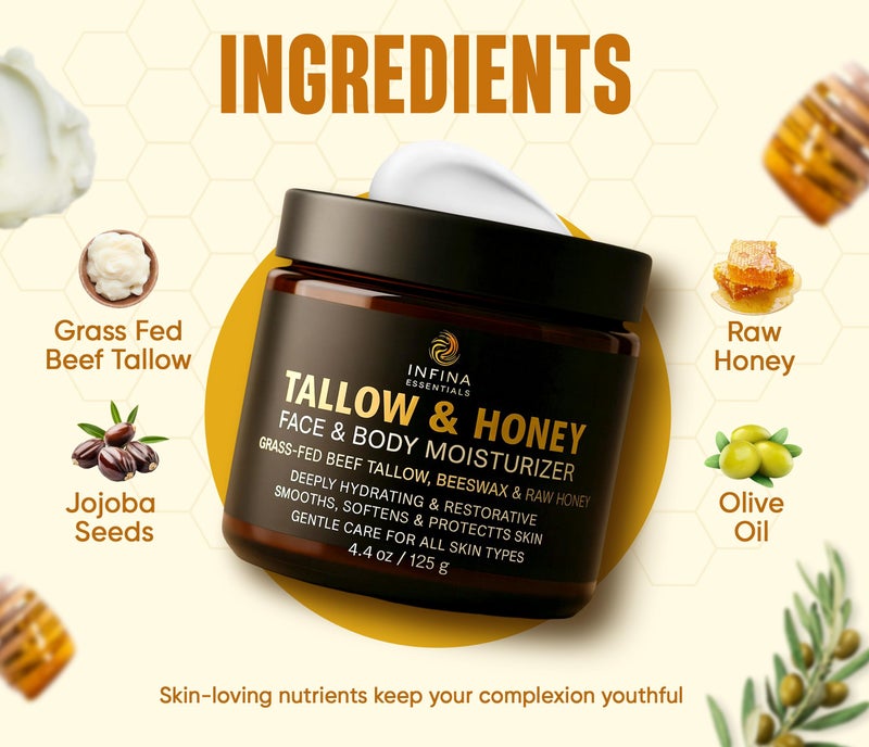 INFINA ESSENTIALS Beef Tallow for Skin - Grass Fed Beef Tallow Face & Body Moisturizer - Balm Style Moisturizing Cream with Raw Honey, Beeswax & Olive Oil for Dry Skin, Hands & Feet - 4.4 oz - Image 4