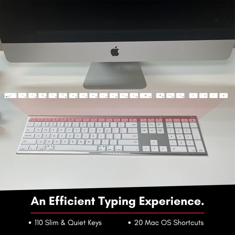 MACALLY لوحة مفاتيح بلوتوث لاسلكية لجهاز ماك - لوحة مفاتيح متوافقة مع آبل أو ماك بوك برو/إير، آي ماك - متعددة الأجهزة، تدعم حتى 3 أجهزة مع 110 مفاتيح، 20 اختصار، لوحة أرقام، وقابلة لإعادة الشحن - فضي - Image 5