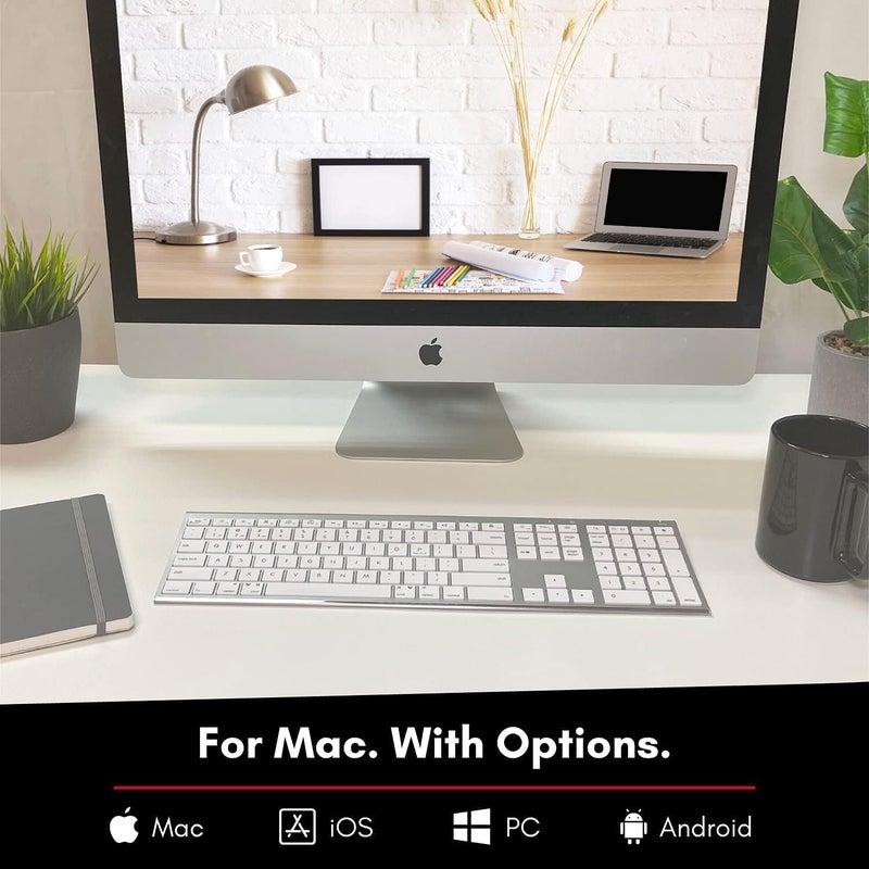 MACALLY لوحة مفاتيح بلوتوث لاسلكية لجهاز ماك - لوحة مفاتيح متوافقة مع آبل أو ماك بوك برو/إير، آي ماك - متعددة الأجهزة، تدعم حتى 3 أجهزة مع 110 مفاتيح، 20 اختصار، لوحة أرقام، وقابلة لإعادة الشحن - فضي - Image 3