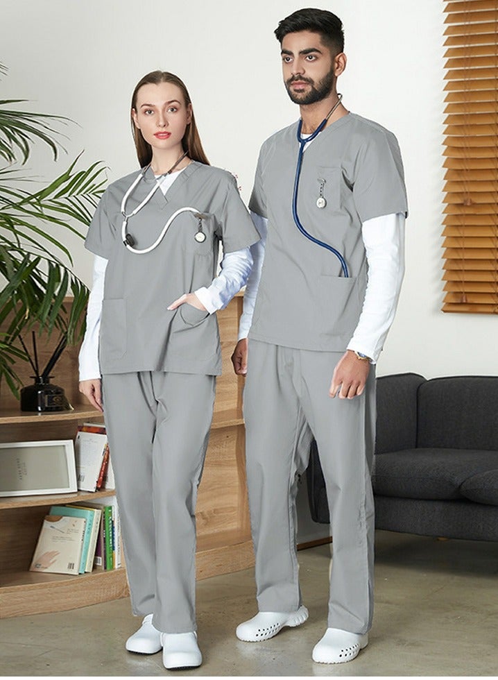 إسكدنيا الطبية الموحدة ماتي تناسب الخامس الرقبة سترة تمتد الخصر مستقيم بنطلون رمادي تناسب