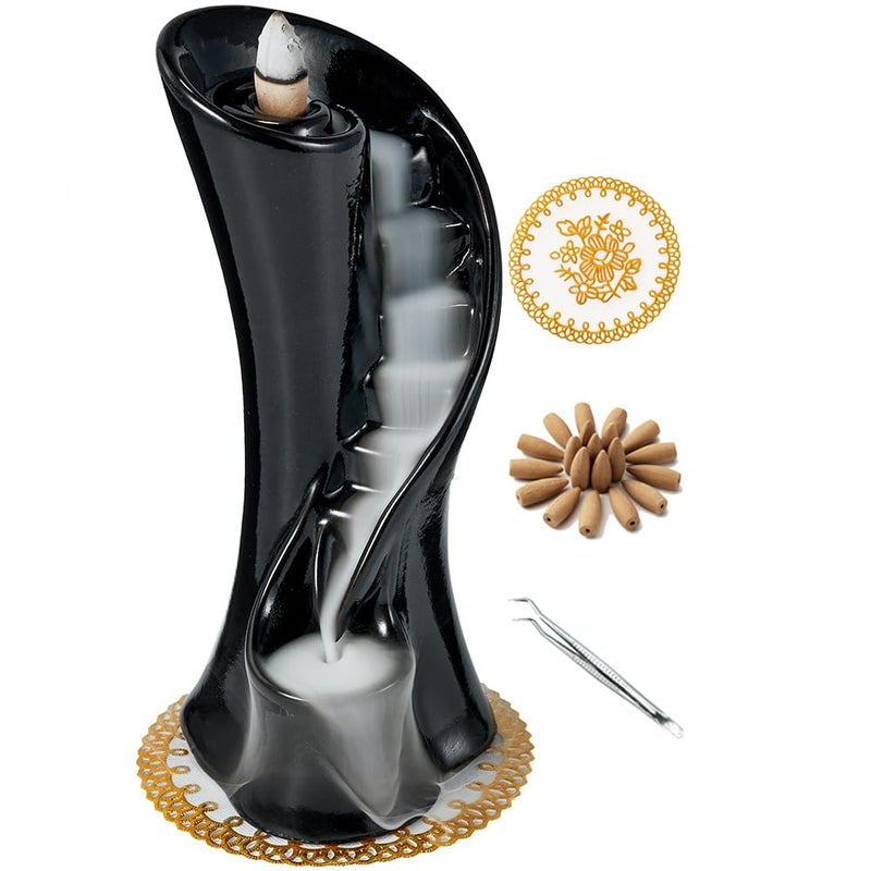 LAMDAWN Unique Cloud Stairs Ceramic Waterfall Incense Holder, Paired with a Pack of Backflow Incense Cones. (Black) - Image 1