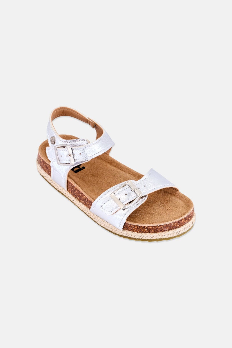 Xti Kids Girl Leather Adjustable Buckle Sandals, Silver - Image 1