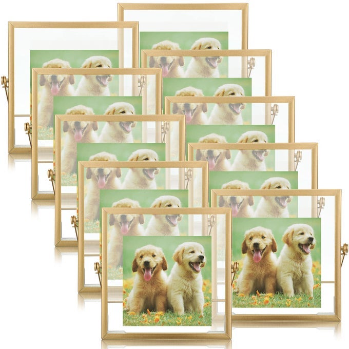 12 PACK 4 X 4 INCH FLOATING FRAME GLASS PHOTO FRAME COLLECTION VINTAGE METAL MINIMAL ORNATE EASEL FOR PICTURES PHOTOS DESK TABLETOP DISPLAY GOLD