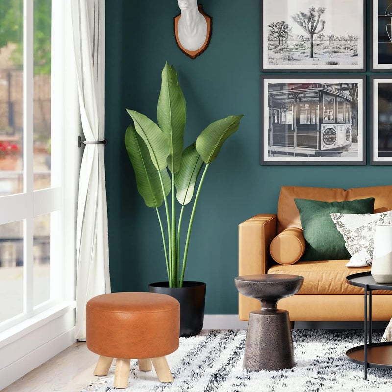 Asense Small Round Ottoman Foot Rest Stool Fabric Padded Seat Footstool Ottoman with Wooden Legs (Dark Orange,Fabric) - Image 2