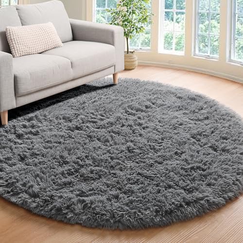 ONASAR Grey Round Area Rug 4ft, Gray Soft Bedroom Circle Throw Rugs for Kids Girls Boys Teen Dorm Room, Fluffy Plush Shaggy Carpet Mats for Nursery Living Room Playroom Home Office Decor Aesthetic - Image 1