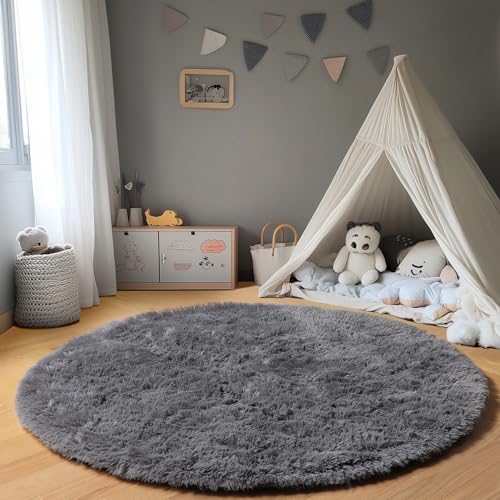 ONASAR Grey Round Area Rug 4ft, Gray Soft Bedroom Circle Throw Rugs for Kids Girls Boys Teen Dorm Room, Fluffy Plush Shaggy Carpet Mats for Nursery Living Room Playroom Home Office Decor Aesthetic - Image 5