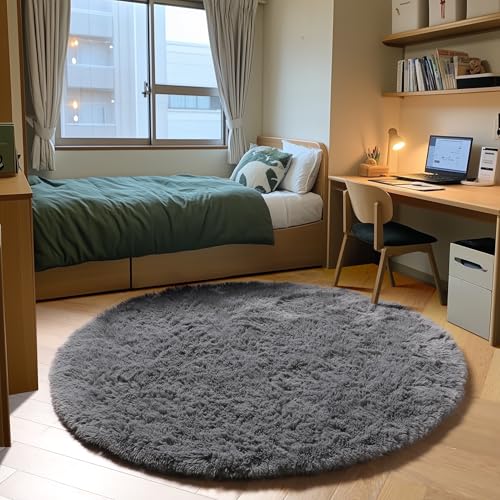 ONASAR Grey Round Area Rug 4ft, Gray Soft Bedroom Circle Throw Rugs for Kids Girls Boys Teen Dorm Room, Fluffy Plush Shaggy Carpet Mats for Nursery Living Room Playroom Home Office Decor Aesthetic - Image 3