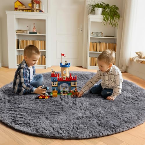 ONASAR Grey Round Area Rug 4ft, Gray Soft Bedroom Circle Throw Rugs for Kids Girls Boys Teen Dorm Room, Fluffy Plush Shaggy Carpet Mats for Nursery Living Room Playroom Home Office Decor Aesthetic - Image 4