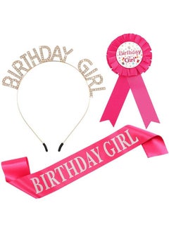 Geosar 3 Pieces Birthday Girl Headband And Sashes Pink Birthday Crown For Kids Princess Little Girl Award Ribbon Rose Red Accessories Set For Birthday Party Decorations  - Image 2