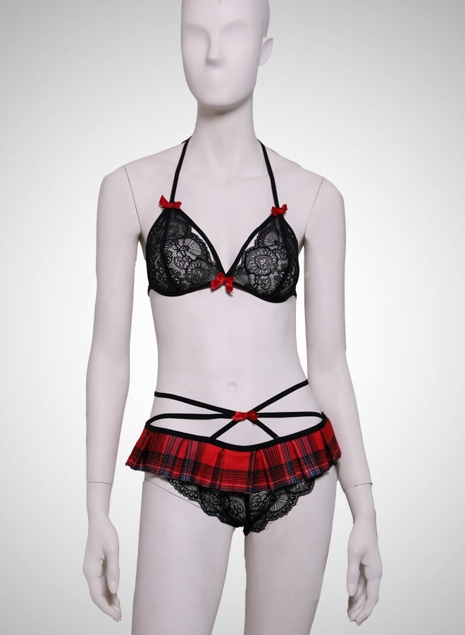 ovitio Short Black and Red Babydoll Lingerie Set with Chiffon Details - Two Pieces - Image 1
