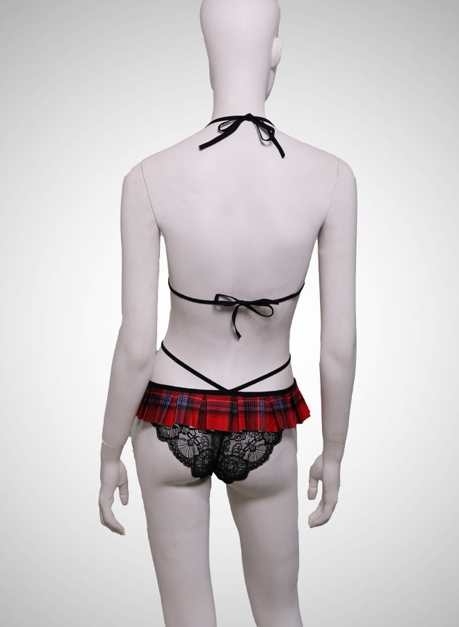 ovitio Short Black and Red Babydoll Lingerie Set with Chiffon Details - Two Pieces - Image 2