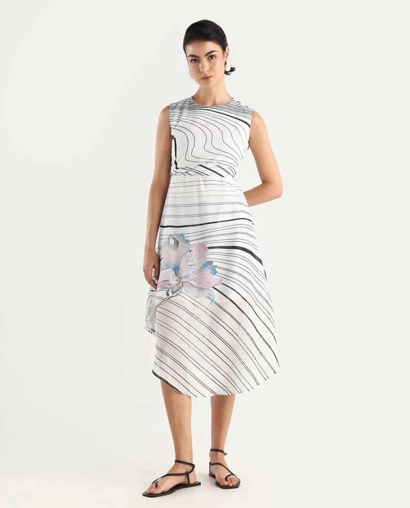 Rareism Women's Floral Placement Print Dress With Wavy Stripes