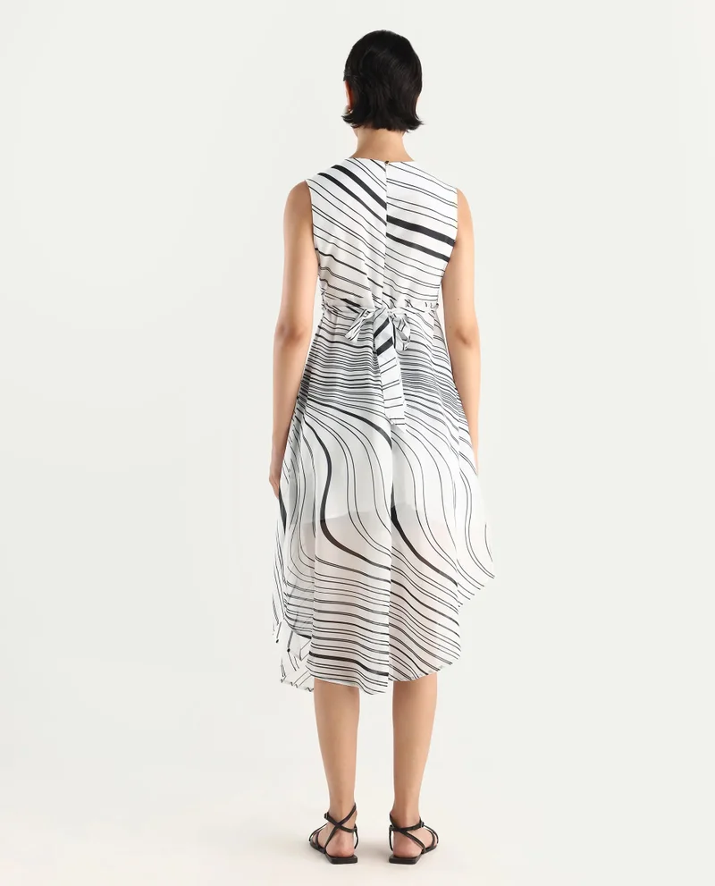 Rareism Women's Floral Placement Print Dress With Wavy Stripes