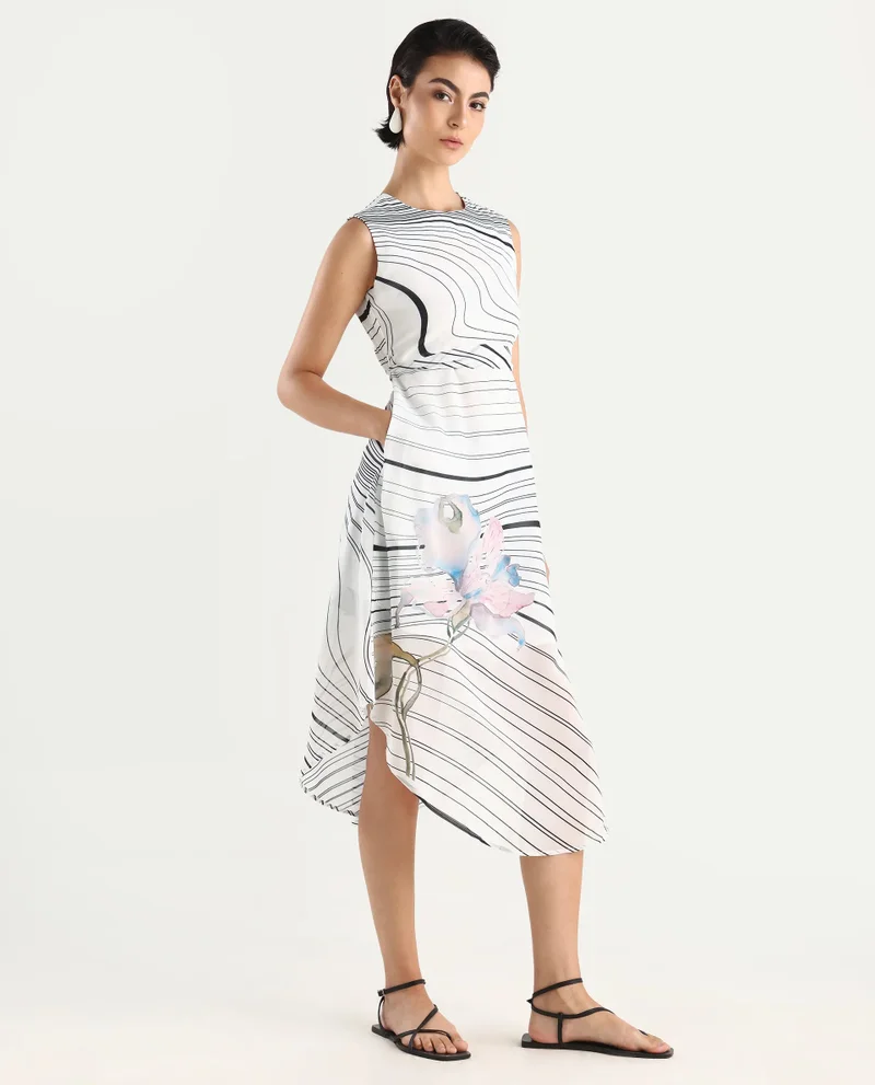 Rareism Women's Floral Placement Print Dress With Wavy Stripes