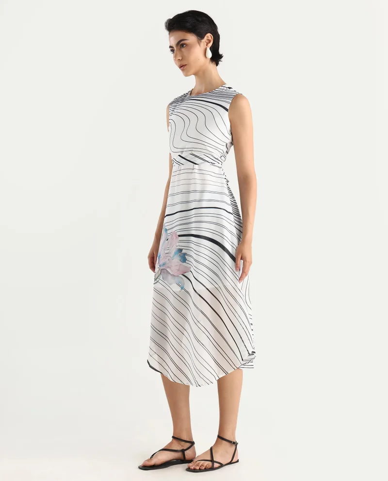 Rareism Women's Floral Placement Print Dress With Wavy Stripes