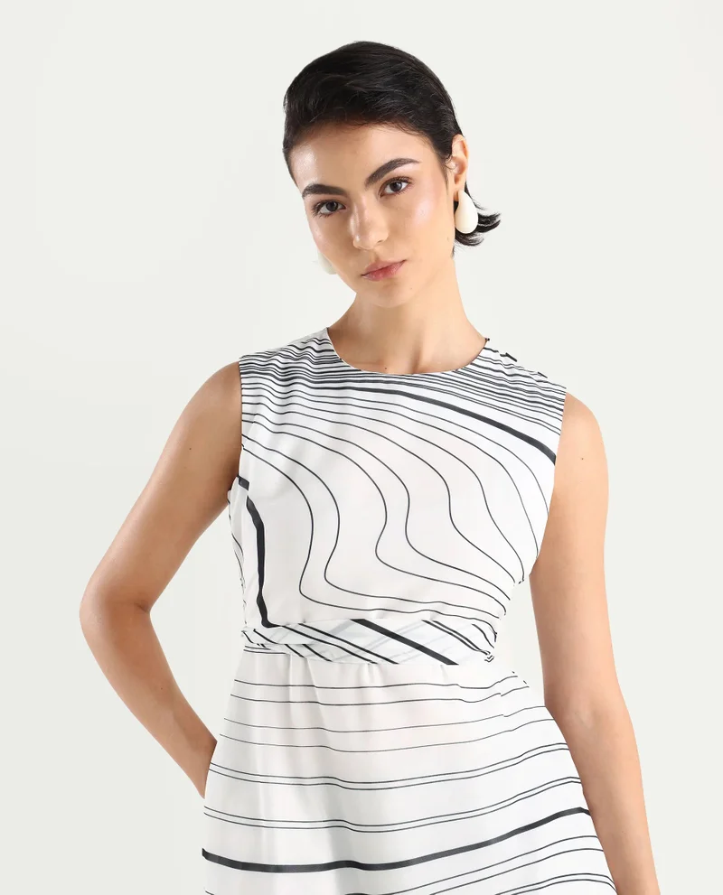 Rareism Women's Floral Placement Print Dress With Wavy Stripes