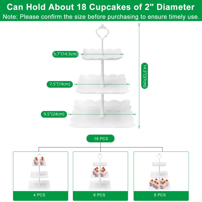 Coitak 3 Tier Cupcake Stand, Plastic Tiered Serving Stand, Square Dessert Tray for Tea Party, Birthday and Wedding (Pure White) - Image 3