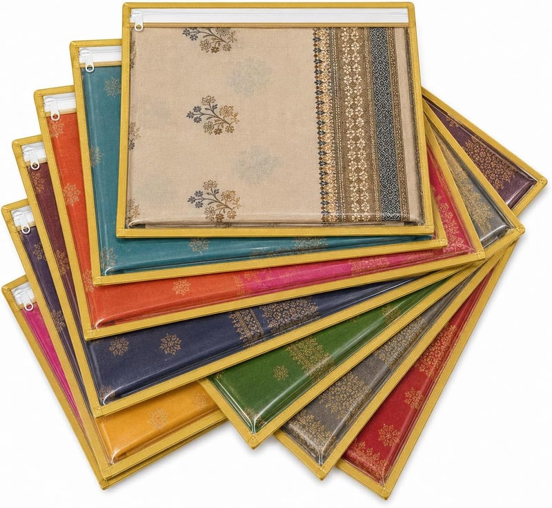 FabPax أكياس ساري غير مصنوعة يدويًا بلون ذهبي، شفافة مزودة بسحاب، الحجم 36x42x2 سم، مجموعة من 10 قطع، منظم للخزانة - Image 1