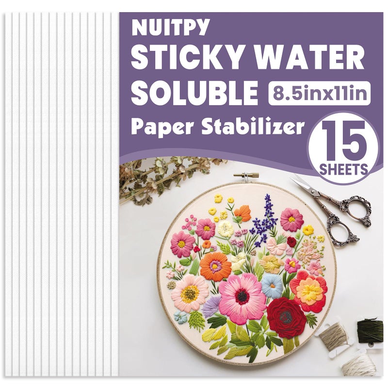 NUITPY 15PCS 8.5" x 11" Water Soluble Stabilizer for Embroidery, Stick and Stitch Embroidery Paper Wash Away, Embroidery Stabilizer, Water Soluble Embroidery Patterns, Embroidery Transfer Paper - Image 1