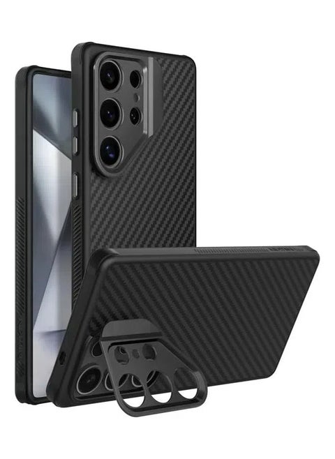 Case Compatible with Samsung Galaxy S25 Ultra Case, Aramid Fiber Kevlar Case Metal Camera Lens Folding Cover Stand Anti-Drop Shockproof Protective Back Cover