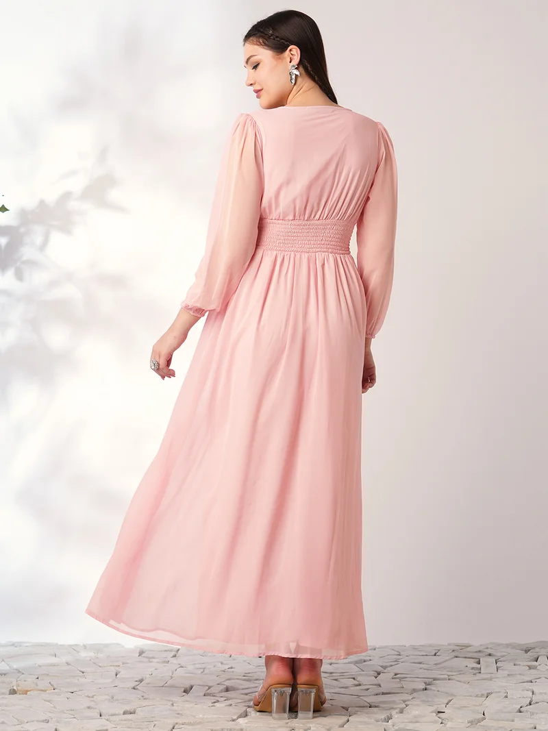 globus Women Pink V-Neck Bishop Sleeves Smocked Fit & Flare Maxi Party Dress