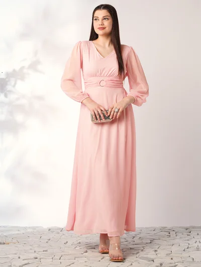 globus Women Pink V-Neck Bishop Sleeves Smocked Fit & Flare Maxi Party Dress