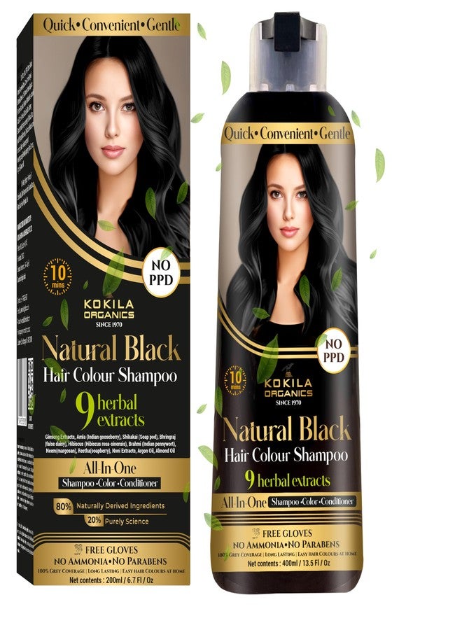 Kokila NO PPD Shampoo Hair Colour - Black 400ml for Women and Men | Natural Extracts | Colours Hair in 10 Minutes | Ammonia Free, Paraben Free - 10 Pair Free Gloves - Image 1