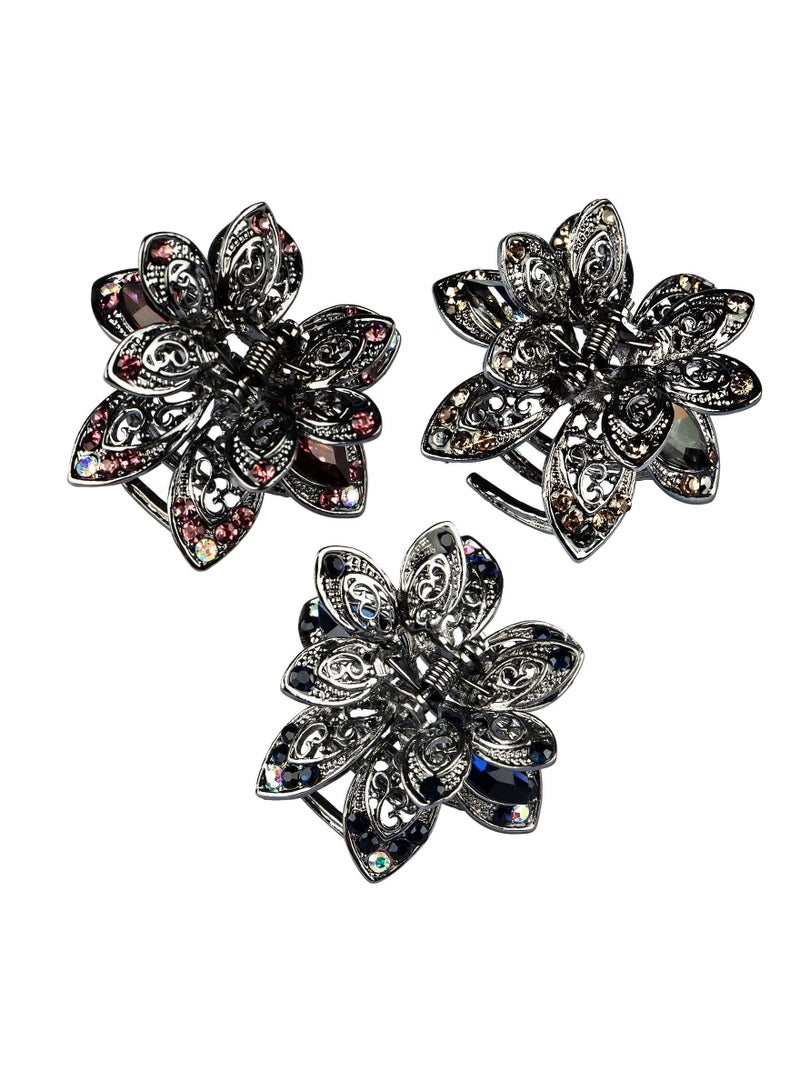 KASTWAVE Mini Metal Floral Jaw Clips, 3 Pcs Vintage Metal Rhinestone Claw Hair Clip Non-Slip Flower Barrette Accessories for Women Girls - Image 1