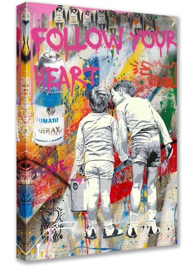 Tucocoo Follow Your Heart Graffiti Wall Art Abstract Street Art Canvas Paintings Colorful Banksy Pop Pictures Modern Artwork Home Decor for Living Room Bedroom Framed Easy to Hang 16x24inch x1Piece - Image 1