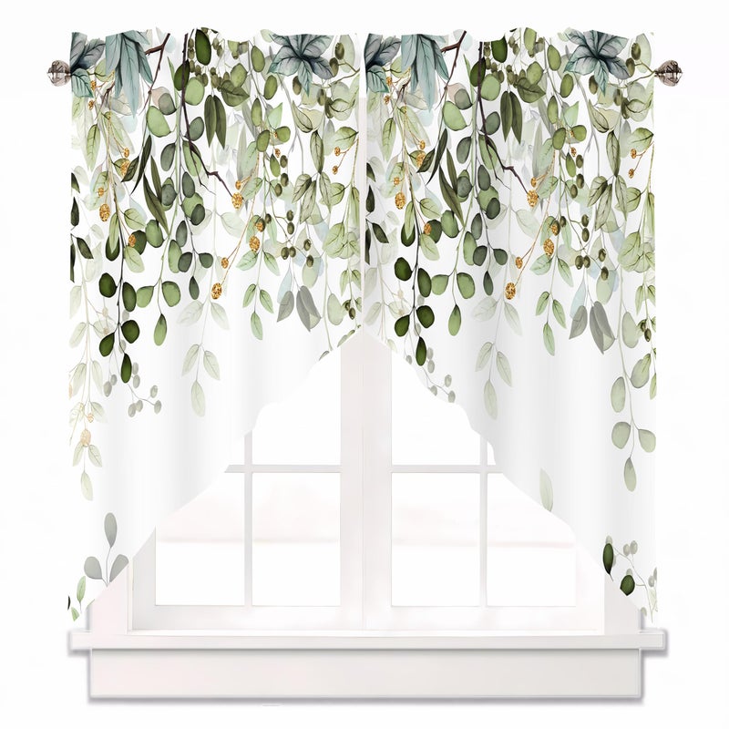 AYTTBIS Sage Green Eucalyptus Swag Curtain Valance for Windows,Watercolor Leaves Window Treatments Short Swag Topper for Kitchen Windows Bathroom Bedroom,36 x 36 Inch, 1 Pair - Image 1