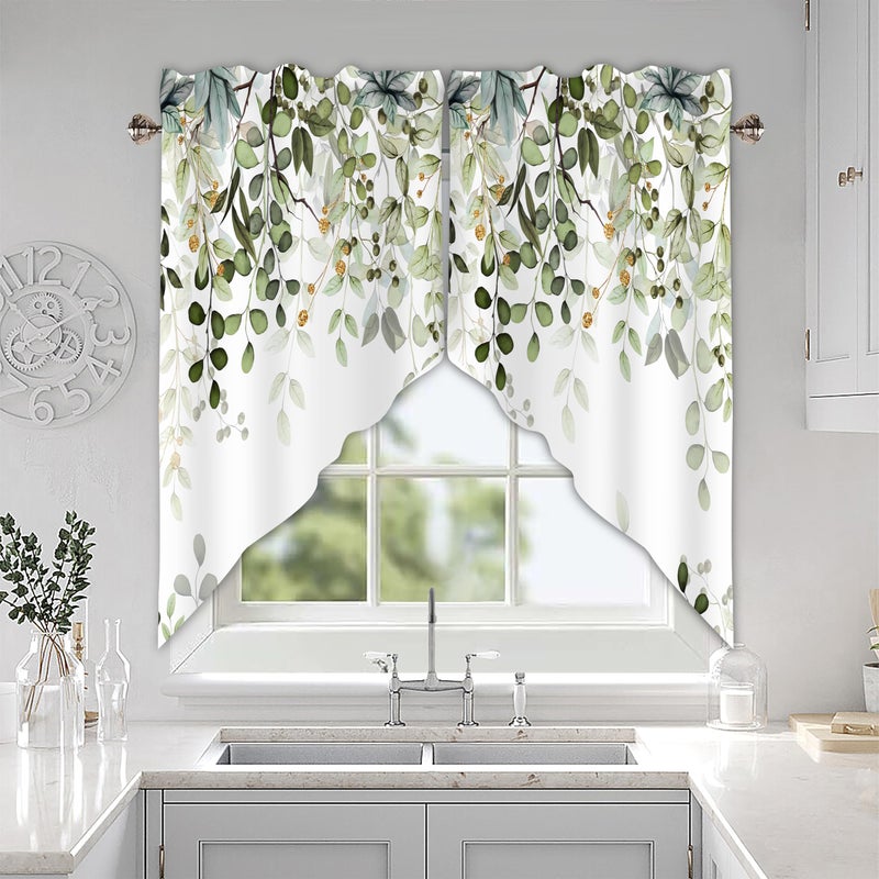 AYTTBIS Sage Green Eucalyptus Swag Curtain Valance for Windows,Watercolor Leaves Window Treatments Short Swag Topper for Kitchen Windows Bathroom Bedroom,36 x 36 Inch, 1 Pair - Image 2