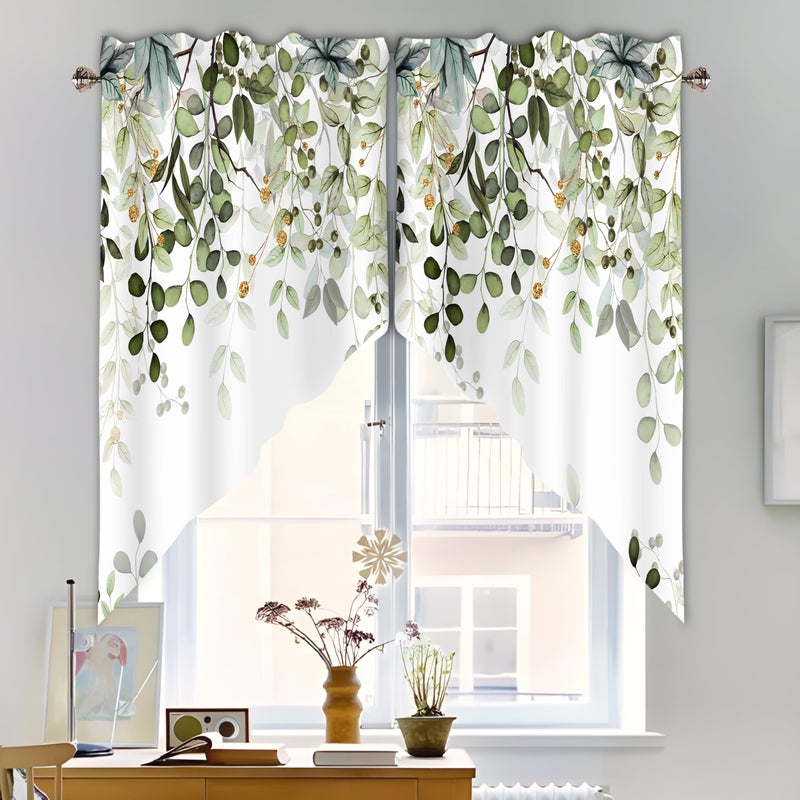 AYTTBIS Sage Green Eucalyptus Swag Curtain Valance for Windows,Watercolor Leaves Window Treatments Short Swag Topper for Kitchen Windows Bathroom Bedroom,36 x 36 Inch, 1 Pair - Image 5