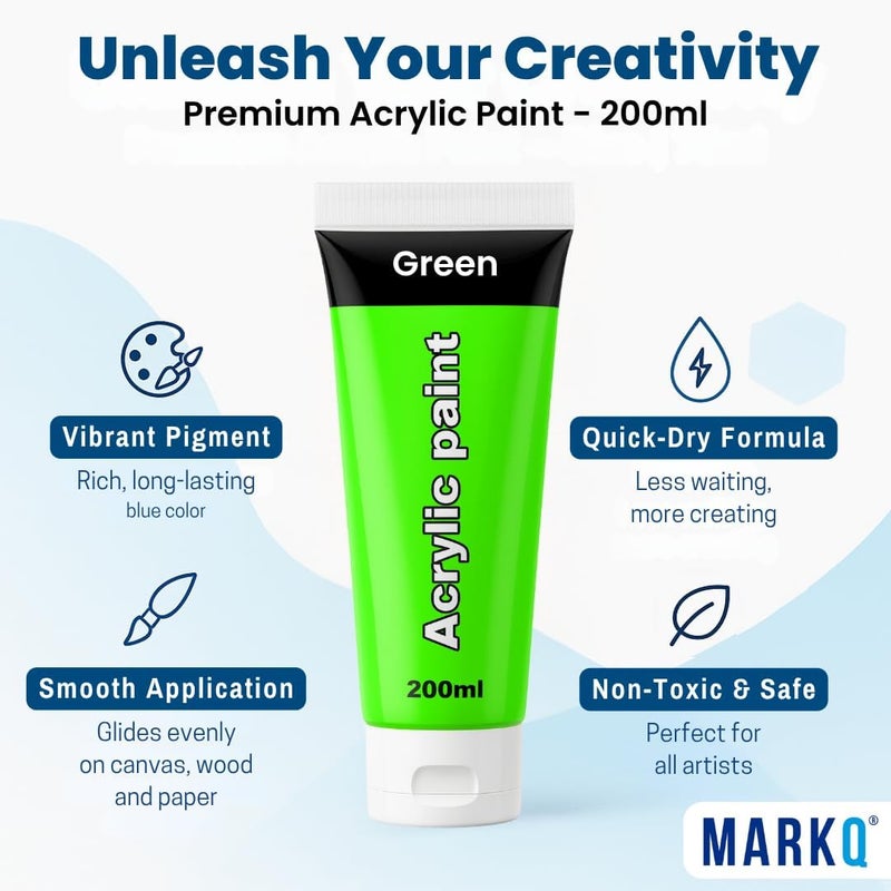 MARKQ طلاء أكريليك 200 مل أنبوب – ألوان فنية غنية، عالية الصبغة وغير سامة | 10 ألوان زاهية للحرف اليدوية، القماش، الورق، الخشب، القماش، ومشاريع الفن (أخضر) - Image 1