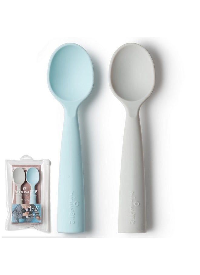 Miniware Silicone Baby Spoon For Training Bpa Free Baby Utensils Baby Spoons Self Feeding 6 Months 100% Food Grade Silicone Modern & Dishwasher Safe Toddler Spoons (Grey And Aqua)  - Image 1
