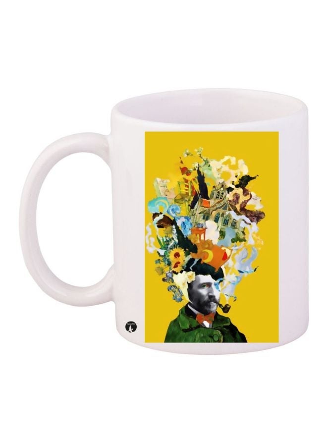 RYN Illustration Themed Coffee Mug White/Yellow/Green 11ounce
