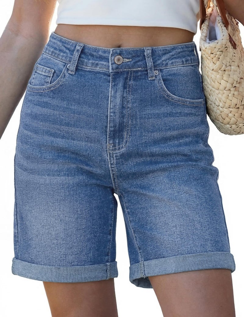 luvamia Womens Shorts Denim High Waisted Cute Shorts for Women Womens Denim Shorts Stretchy Women's Blue Jean Shorts Jorts Long Shorts for Women Size X-Large Size 16 18 - Image 1