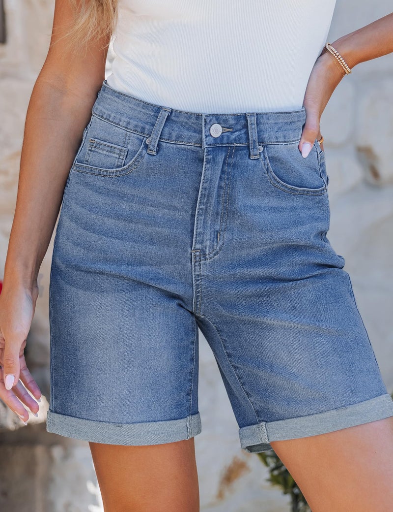 luvamia Womens Shorts Denim High Waisted Cute Shorts for Women Womens Denim Shorts Stretchy Women's Blue Jean Shorts Jorts Long Shorts for Women Size X-Large Size 16 18 - Image 2