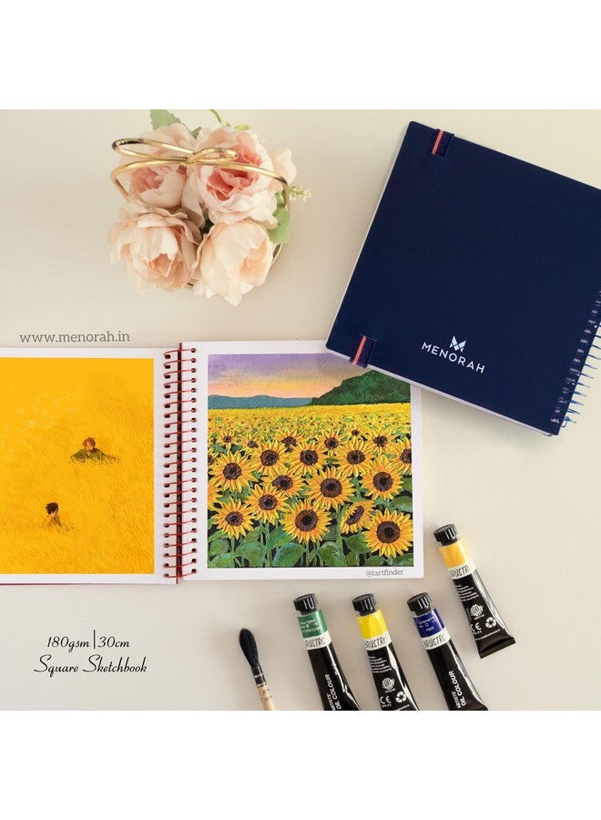 MENORAH - دفاتر رسم مربعة حلزونية للفنانين - 180 جرام لكل متر مربع - 100 صفحة/50 ورقة - دفتر رسم مربع، مجلة فنية، رسم، ألوان مائية، ألوان أكريليك، غواش - حلزوني معدني - (15.0 سم × 15.0 سم) - (خالي من الأحماض) أزرق داكن - Image 3