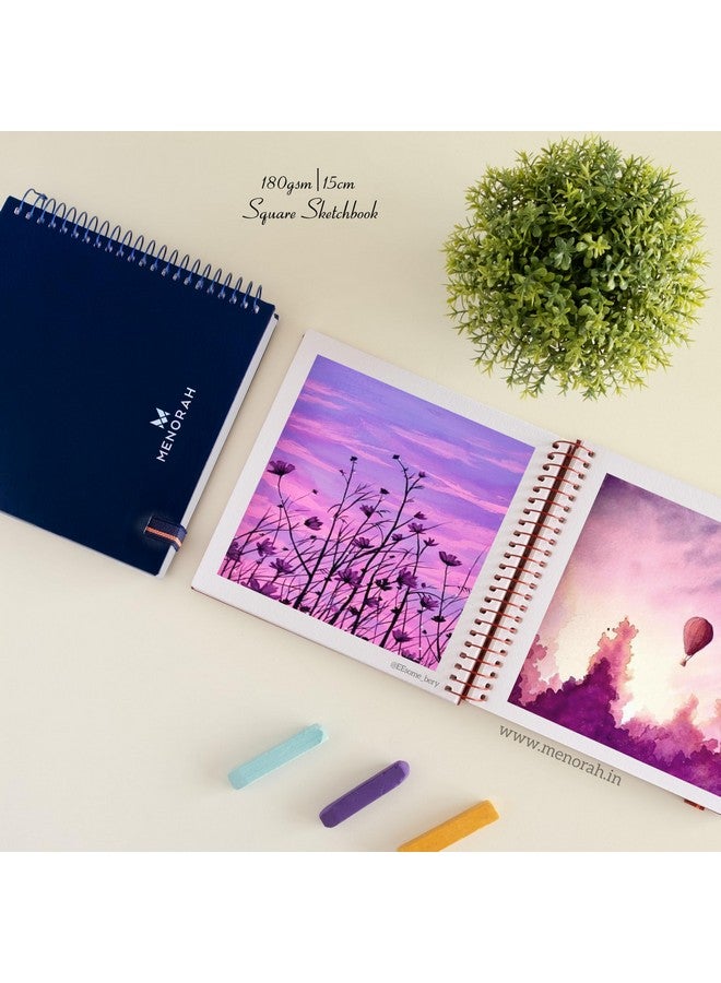 MENORAH - دفاتر رسم مربعة حلزونية للفنانين - 180 جرام لكل متر مربع - 100 صفحة/50 ورقة - دفتر رسم مربع، مجلة فنية، رسم، ألوان مائية، ألوان أكريليك، غواش - حلزوني معدني - (15.0 سم × 15.0 سم) - (خالي من الأحماض) أزرق داكن - Image 5