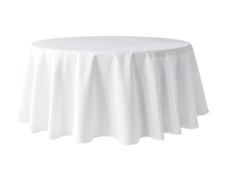 Pomp Pomp White 120 Inch Round Premium Polyester Tablecloth  Wrinkle  Stain Resistant Easy Care Fabric  Fits Round or Circle Table 