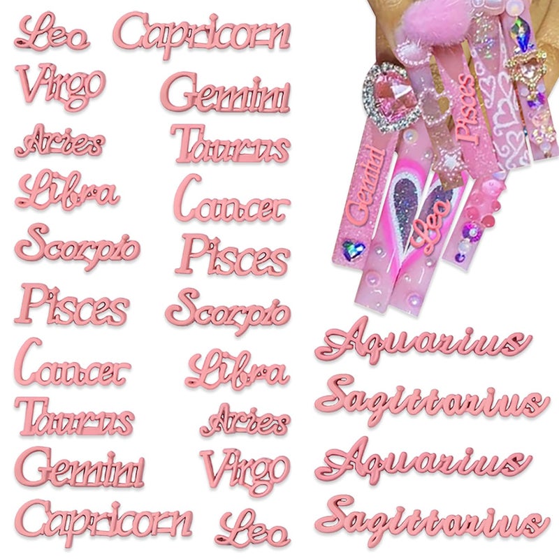 YECIRALA 2 Set 24 Pcs Pink Zodiac Nail Charms Twelve Letters Constellation Charms Set Alloy Nail Charms Letters Nail Zodiac Charms for Nail Art Decoration for Nails Design Charms Zodiac Nail Jewels