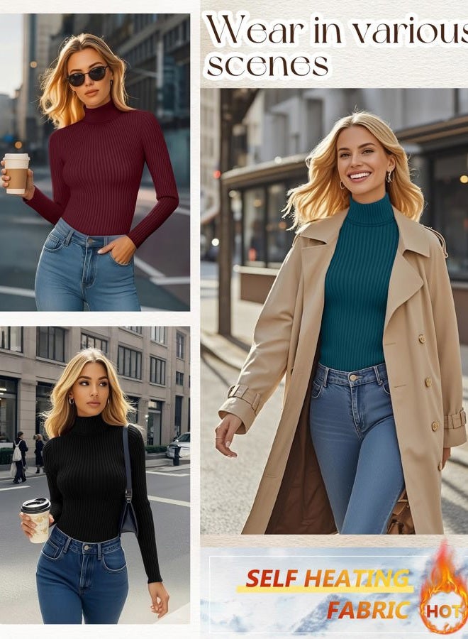 Ficerd 3 عبوات من قمصان نسائية ذات ياقة مدفئة طويلة الأكمام مطاطية خفيفة الوزن (XL، أسود، أزرق داكن، أحمر نبيذي) - Image 2