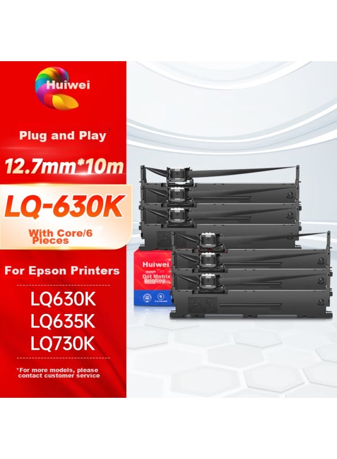 Huiwei Hewei Lq630k/lq730k Ribbon Cartridge، ستة حزم، متوافق مع طابعات Epson Lq630k و Lq635k و Lq730k و Lq735k Ii و Lq80kf - Image 1