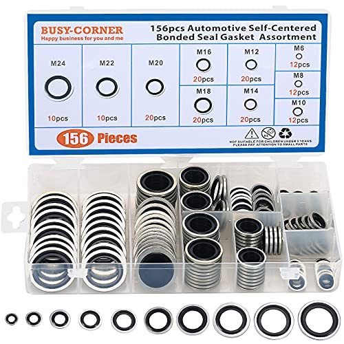 BUSY-CORNER 156 Pieces Bonded Seal Dowty Washer,Automotive Self-Centred Dowty Seal Gasket Assortment,10 Metric Sizes,from M6 to M24 (Metric) - Image 1