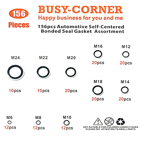 BUSY-CORNER 156 Pieces Bonded Seal Dowty Washer,Automotive Self-Centred Dowty Seal Gasket Assortment,10 Metric Sizes,from M6 to M24 (Metric) - Image 2