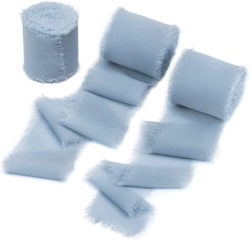 DORIS HOME Dusty Blue Chiffon Ribbon for Flower Bouquet 2 x21Yd Fabric Ribbon for Gift Wrapping Handmade Frayed Ribbon for Wedding Chiffon Silk Ribbon for Christmas Decorations