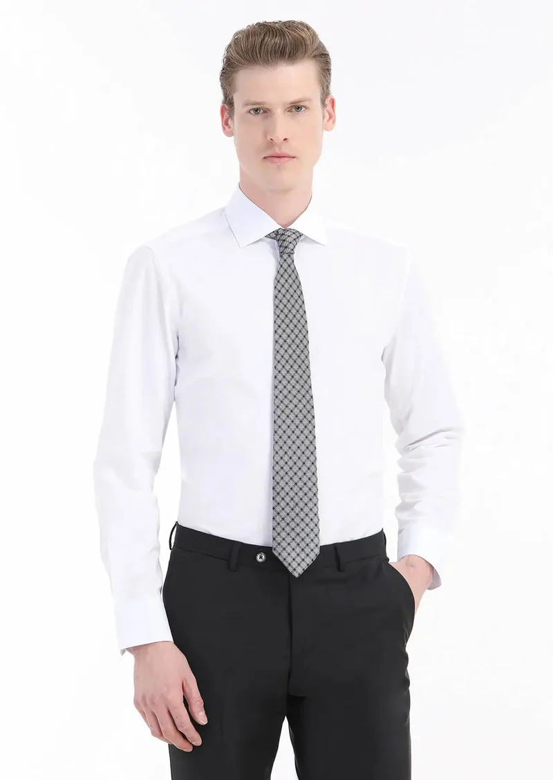 RAMSEY White Plain Regular Fit Weaving Classical Cotton Blended Shirt