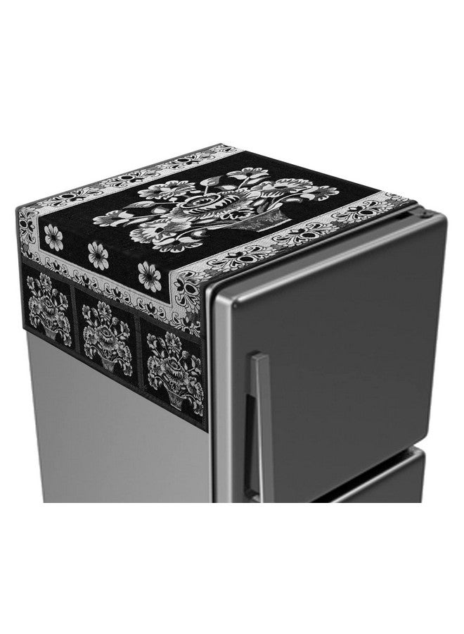 Kuber Industries Kuber Industries Flower Pot Print Fridge Cover With Side Pockets|Fridge Top Cover|Refrigerator Cover|Washable Cotton Material|6 Utility Pockets (Black)  - Image 1